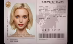 the back and side of a plastic id tag that shows a woman with short blonde hair, wearing blue eyes and light skin