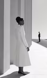 a black and white photo of a woman in a coat standing near columns