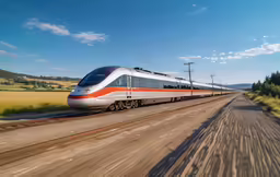a long train going down a train track with grassy fields in the background