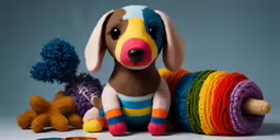 a stuffed puppy sits among toys that look like they are made from yarn