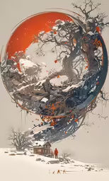 a digital painting of an orange sun surrounded by trees
