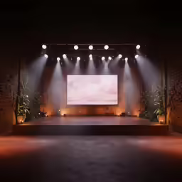 a dimly lit stage with multiple lights