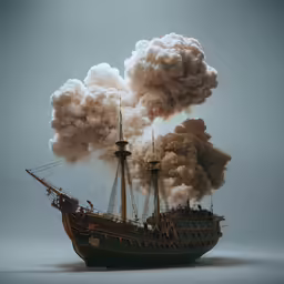 steam billows from a ship in an artistic scene