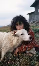 a woman hugging a sheep near the ground