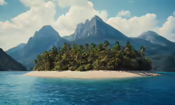 an island with palm trees on it, surrounded by mountains