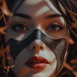 woman with black and white half face mask and long nose