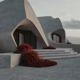 the concrete structure has two windows and steps that leads up to it