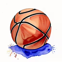 an image of a ball that is on the ground,the basketball has been drawn on paper,the basketball ball is on its way to its hole,a drawing of a basketball on top of a blue disk,a basketball on top of the water color splashes
