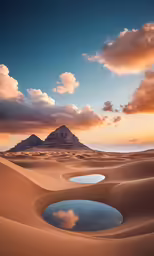 sand dunes and water in a desert, with clouds overhead