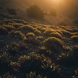 the sun is shining in the distance over a field