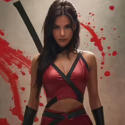 a beautiful woman in red and black clothing holding two swords
