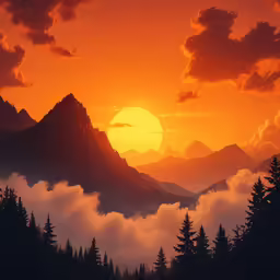 the sun is setting over mountains with clouds, pine trees and pine - cones
