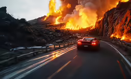 a car driving past a huge fire burning in the distance