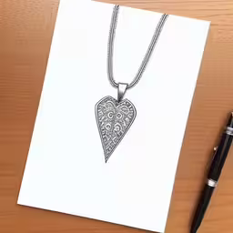a note with an ink pen laying next to it,an ink drawing of an angel wing pendant on a white card