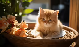 small orange and white kitten sitting in a small bowl