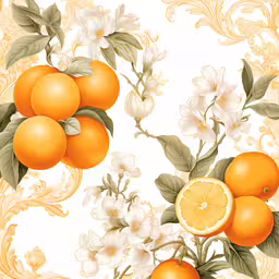 oranges and white flowers on an orange background,a orange fruit with leaves and flowers on a white background