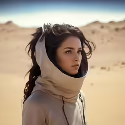 a woman stands in the desert wearing a hoodie