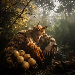 a man in an elf outfit next to vegetables and fruit