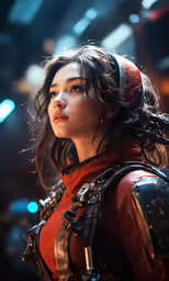 the woman in costume has red clothing and is posing