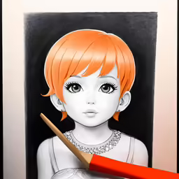 a drawing of a person with pink hair