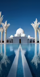 an empty swimming pool with palm trees next to it
