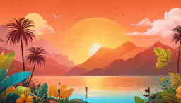 a colorful painting of a man standing on a mountain in the mountains at sunset,painting of a sunset with a body of water