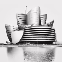 a large building that is next to some water