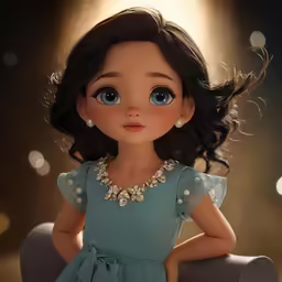 a little doll wearing a blue dress with pearls