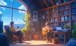 a woman is sitting with a man and playing guitar
