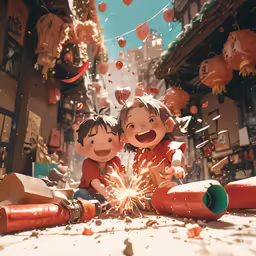 two children, a firecracker and an orange umbrella in a city