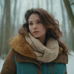 the woman is walking in the snowy woods
