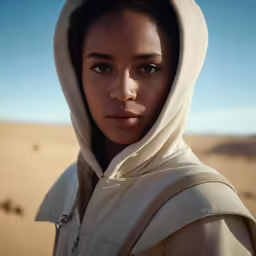 a young woman wearing a hooded hoodie looking at the camera