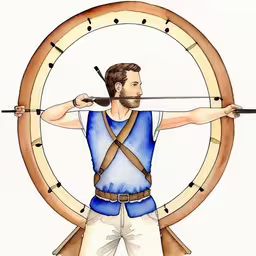 a drawing of a man with his arm behind the back of a wooden target,a man is standing with two arrows in front of a clock