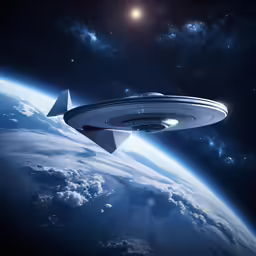 a futuristic spaceship flying around earth