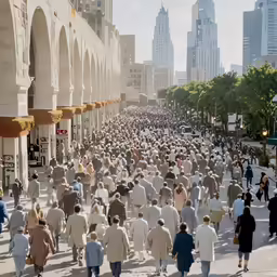 a group of people walking down a street next to tall buildings