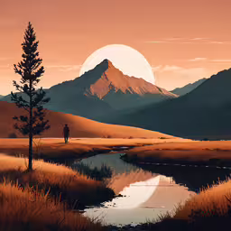 a painting of a mountain lake and a lone man,a man standing in the grass beside a river