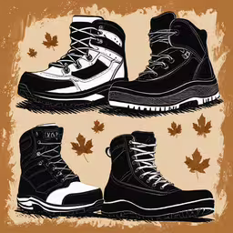 a couple of black boots sitting on top of a pile of leaf,three different boots are depicted in a grunge - effect style