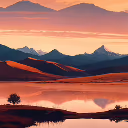 a mountain range covered in snow near a lake,a sunset view of some mountains and a lake