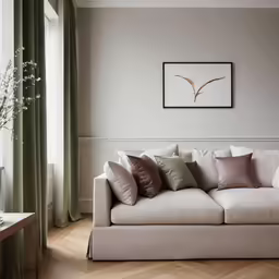 a white couch with pillows and a painting hanging above it
