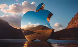 an apple sculpture near a lake in a mountainous area