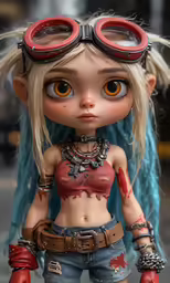 the doll has big red glasses on her head