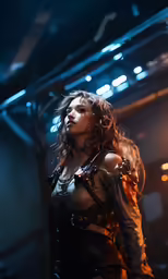a woman dressed in leather is looking away from the camera