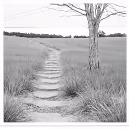 black and white photograph of dirt road and lone tree