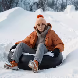 a girl sitting on a tube in the snow