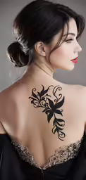 woman in black dress showing the back tattoo on her neck