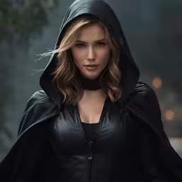 a woman wearing black leather is posing for the camera