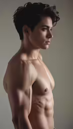 a shirtless man is looking off to the side