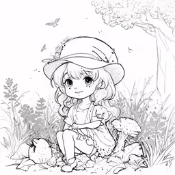 a cartoon girl is sitting on the ground near some mushrooms