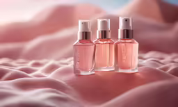 three bottles of pink lipstick are shown on a bed