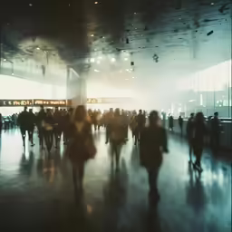 the blurry photograph shows many people walking in a room